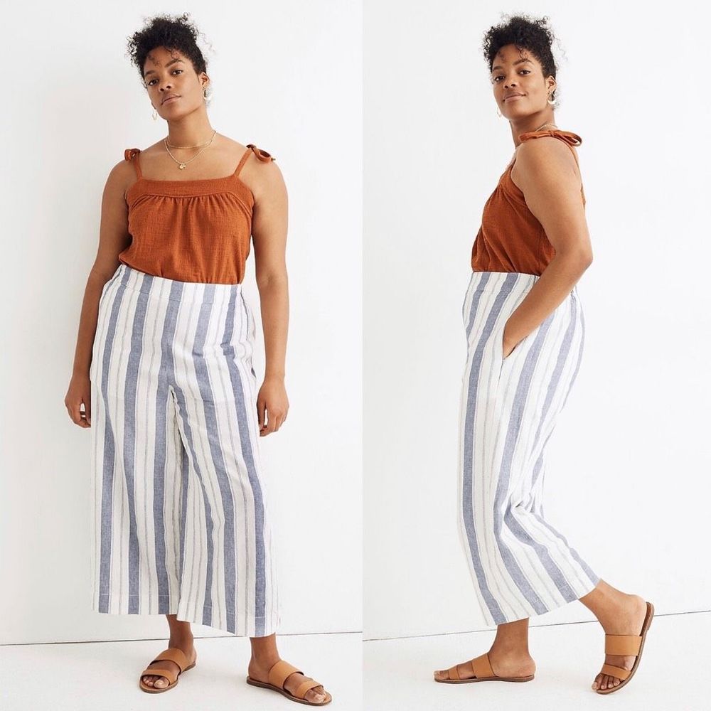 Madewell Linen Hutson Pull On Crop Pants in Herringbone Stripe Size XL
